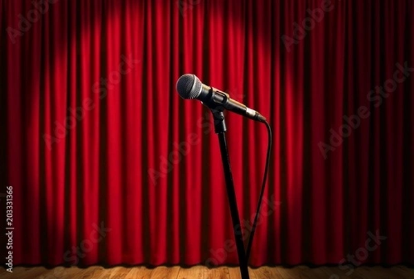 Fototapeta microphone on stage under spotlights with red curtain