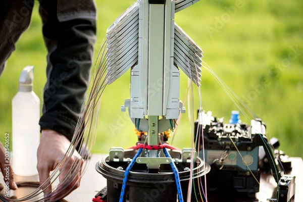 Obraz Glasfasermuffe geöffnet mit Kassetten und Spleißgerät, Ausbau im ländlichen Raum