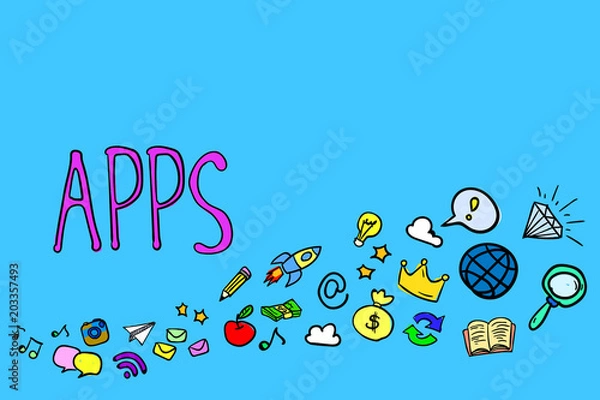 Fototapeta APPS text and icons on a blue background. The concept of the application for all occasions.