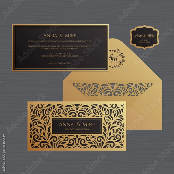 Obraz Wedding invitation or greeting card with vintage ornament. Paper lace envelope template. Wedding invitation envelope mock-up for laser cutting. Vector illustration.