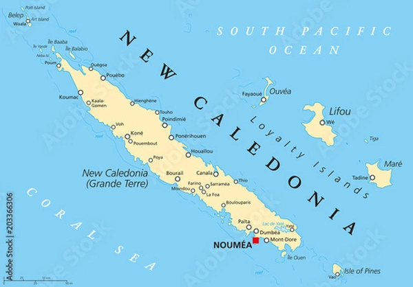 Fototapeta Polityczna mapa Nowej Kaledonii ze stolicą Noumea. Szczególna zbiorowość Francji na Oceanie Spokojnym. Archipelag z główną wyspą Grand Terre i Wyspami Lojalności. Etykietowanie w języku angielskim. Ilustracja. Wektor.
