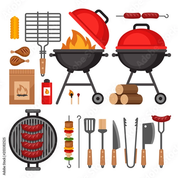 Obraz Bbq tools set. Barbecue grill  isolated elements. Flat style, vector illustration.