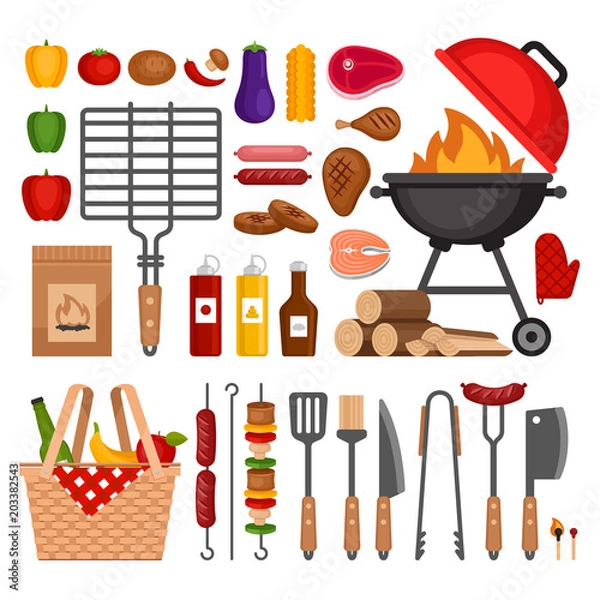 Obraz Bbq tools set. Barbecue grill  isolated elements. Flat style, vector illustration.