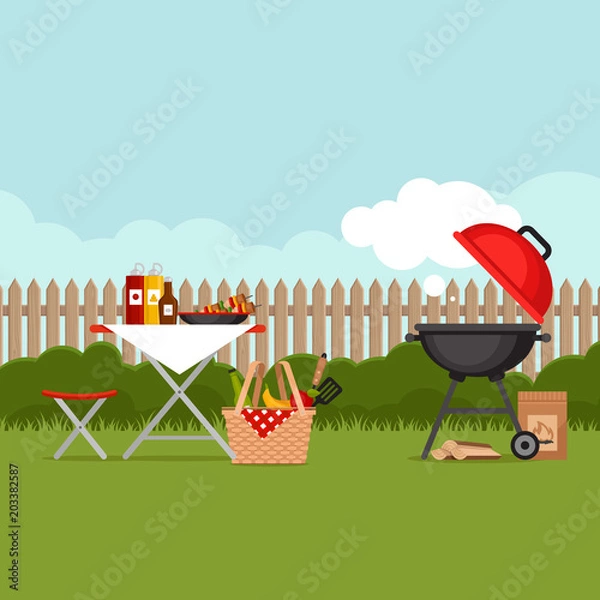 Obraz Bbq party background with grill. Barbecue poster. Flat style, vector illustration.