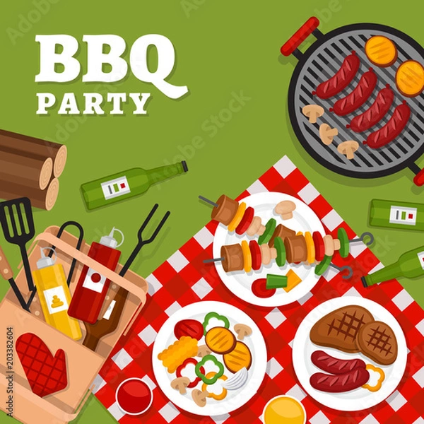 Obraz Bbq party background with grill. Barbecue poster. Flat style, vector illustration.