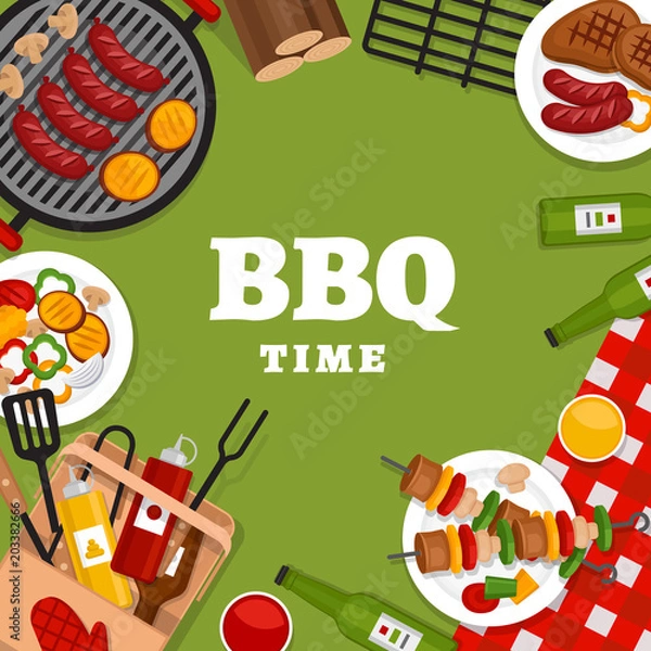 Obraz Bbq party background with grill. Barbecue poster. Flat style, vector illustration.