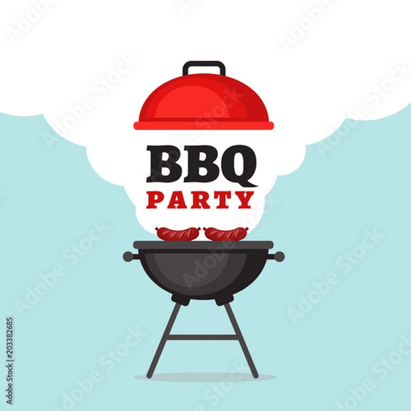 Obraz Bbq party background with grill and fire. Barbecue poster. Flat style, vector illustration.