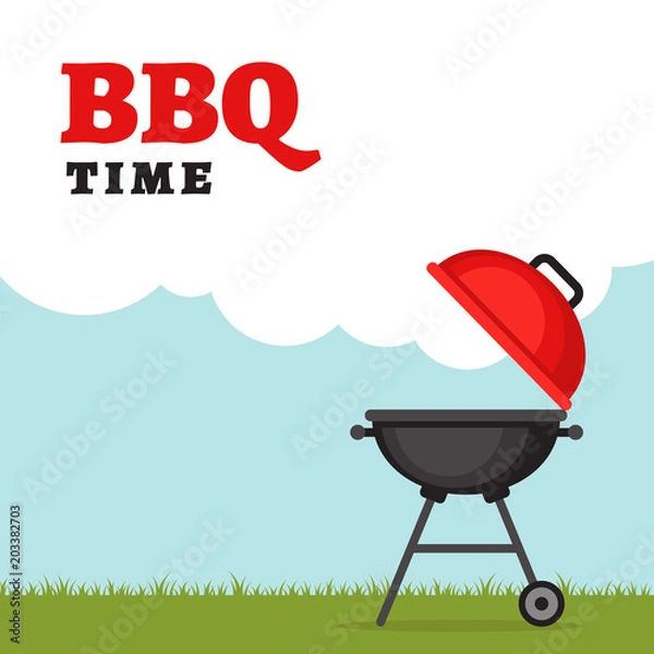 Obraz Bbq party background with grill and fire. Barbecue poster. Flat style, vector illustration.