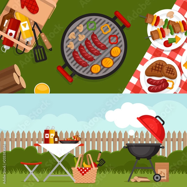 Obraz Bbq party background with grill. Barbecue poster. Flat style, vector illustration.