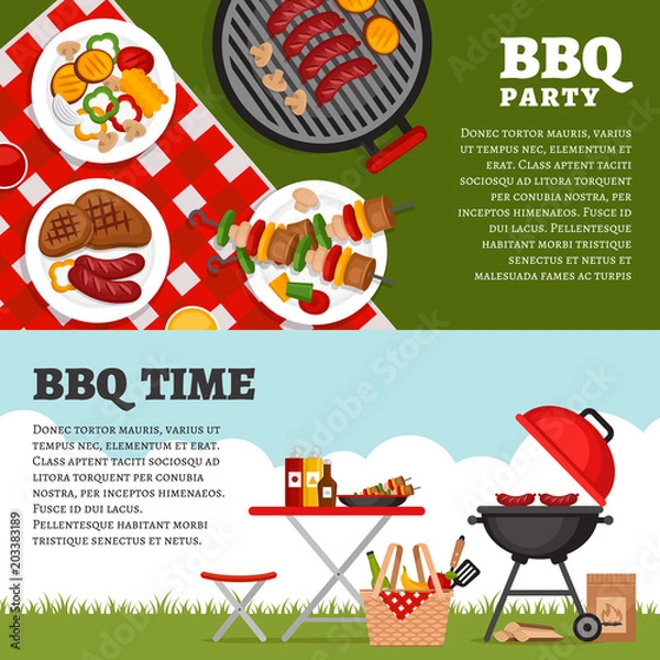 Fototapeta Bbq party background with grill. Barbecue poster. Flat style, vector illustration.