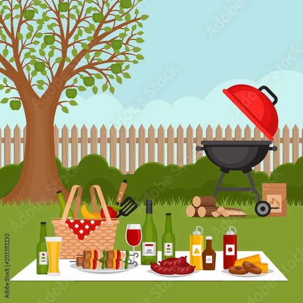 Obraz Bbq party background with grill. Barbecue poster. Flat style, vector illustration.
