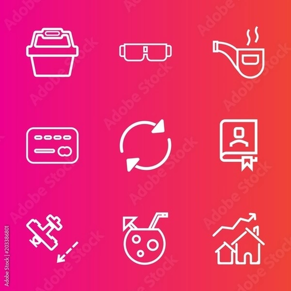 Obraz Premium set with outline vector icons. Such as real, summer, vintage, pipe, white, classic, card, address, vision, store, basket, bank, book, flight, aircraft, object, balance, style, food, property