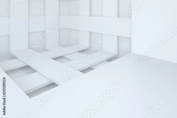 Fototapeta 3d illustration. White abstract architectural background. Angle with intersecting stripes. Render, space for text.