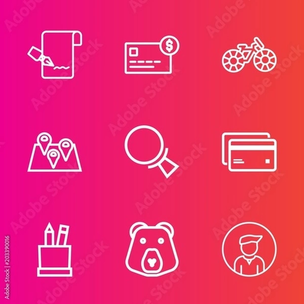 Fototapeta Premium set with outline vector icons. Such as pin, transportation, purchase, bank, note, wheel, man, card, boy, cycle, stationery, sign, map, document, money, plastic, road, location, banking, travel