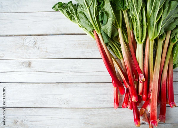 Obraz rhubarb stems on wooden surface