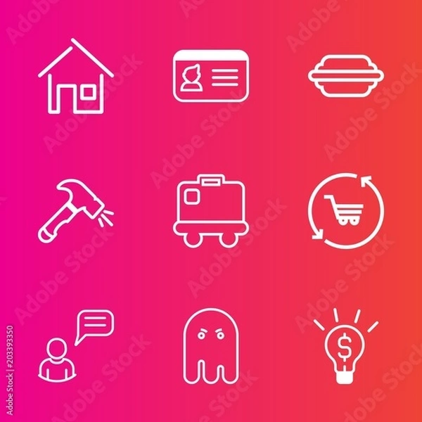 Fototapeta Premium set with outline vector icons. Such as shop, architecture, chat, airport, travel, home, shovel, communication, tomato, construction, building, house, security, person, burger, fear, baggage