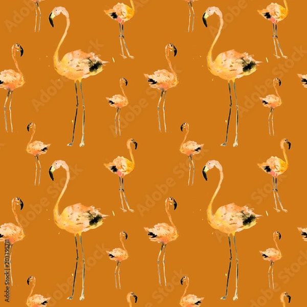 Fototapeta Hand Drawn Illustration With Flamingo. Exotic Summer Beach Motif. Swimwear Design, Wrapping, Background, Wallpaper, Fabric. Hawaiian Print. Jungle Birds Repeated Ornament. Aloha. Boho. Africa.