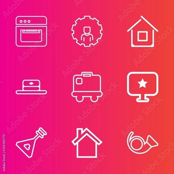 Obraz Premium set with outline vector icons. Such as online, luggage, cooker, kitchen, food, telephone, string, business, musical, instrument, baggage, internet, home, fashion, mobile, cap, hat, website