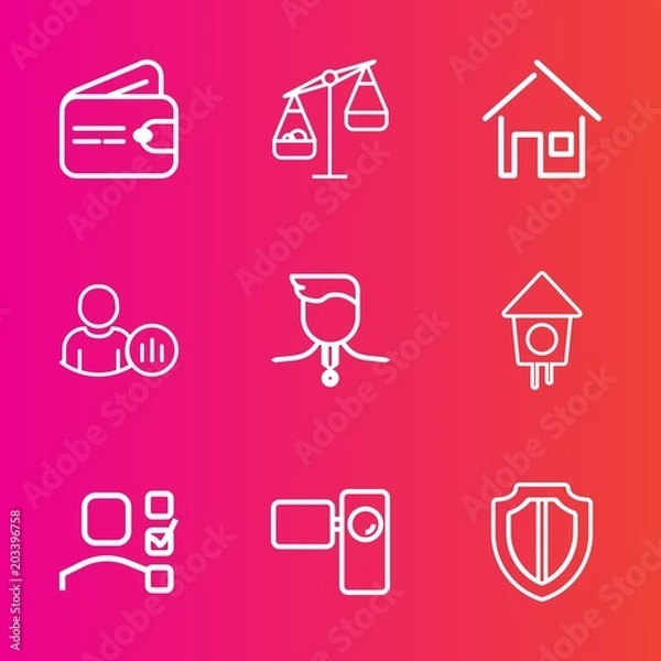 Fototapeta Premium set with outline vector icons. Such as plan, protect, winner, birdhouse, profile, wooden, wallet, cash, home, payment, money, bird, personal, finance, business, camera, status, weight, retro