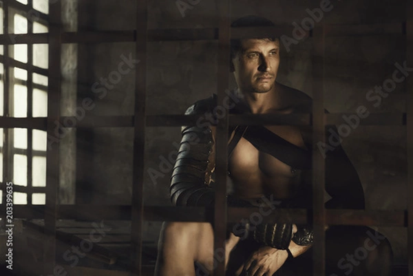 Obraz The muscular man in Roman armor. gladiator in armour. concept of masculinity, determination, strength