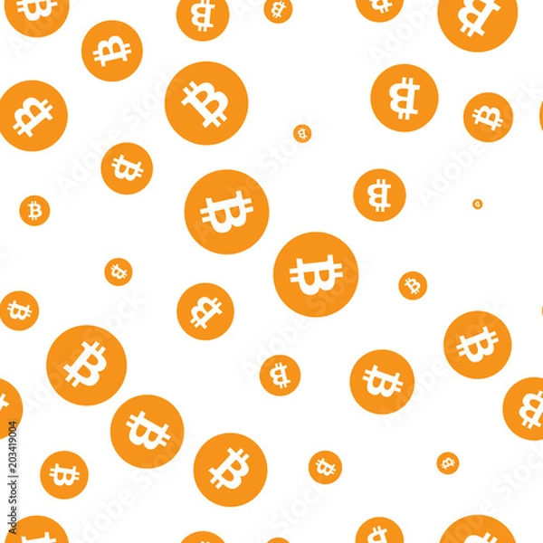 Fototapeta Bitcoins seamless pattern, white symbols of orange bitcoin on white background. Vector illustration.