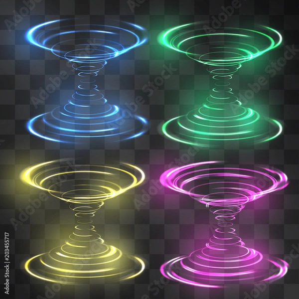 Fototapeta Fire funnel festive light effect set. Vector glowing swirling hot storm cylinder of shining stardust sparkles on transparent background. Glittering blizzard funnel, flames of magical illumination.