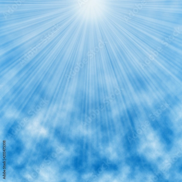 Obraz Shiny summer sun lights, white rays rising above blue sky with light clouds background.