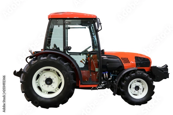 Fototapeta Red tractor. Side view. Isolated on white.