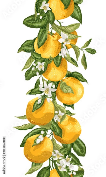 Obraz Vertical seamless pattern line with orange tree branches, fruits, flowers and leaves in vector graphic