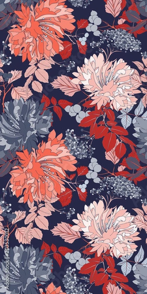 Fototapeta Pink Orange Chrysanthemum Seamless Vector Pattern Design