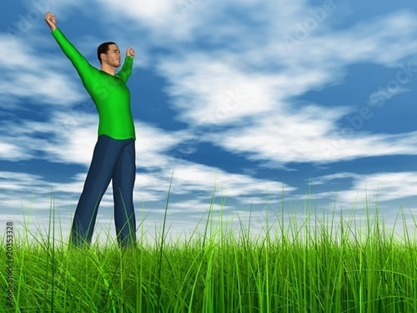Fototapeta High resolution conceptual 3D human jumping happy in grass