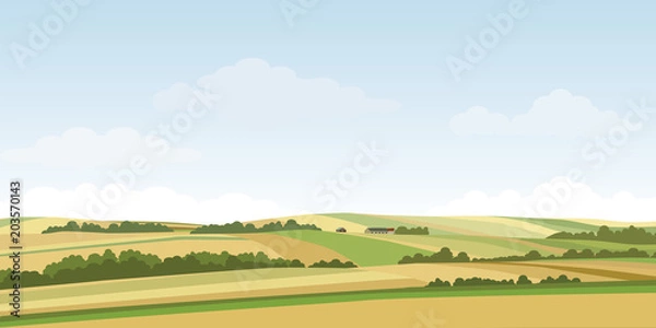 Obraz Krajobraz wsi zielony wzgórze. Ilustracja wektorowa krajobrazu pola panoramy i chmur nieba.
