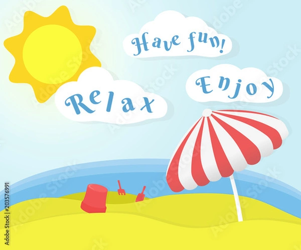 Fototapeta Motivational banner design about a perfect summer day at beach in holidays with sun, white clouds, sea and an umbrella. Sunny beach day. Relax, enoy and have fun. EPS 10 Vector Illustration.