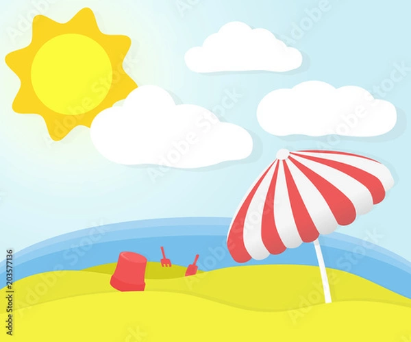 Fototapeta Banner design about a perfect summer day in holidays at beach with sun, white clouds, sea and a umbrella. Sunny beach day. EPS 10 Vector Illustration.