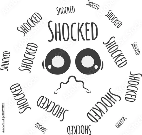 Obraz Text surrounding a face with a tie and with a shocked gesture. Hand drawn and paper style. EPS 10 Vector Illustration.