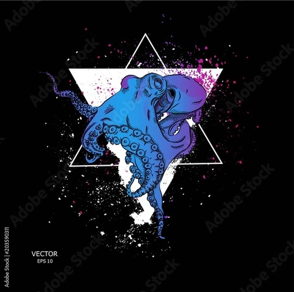 Obraz portrait of an octopus in the background of a triangle.Can be used for printing on T-shirts, flyers and stuff. Vector illustration
