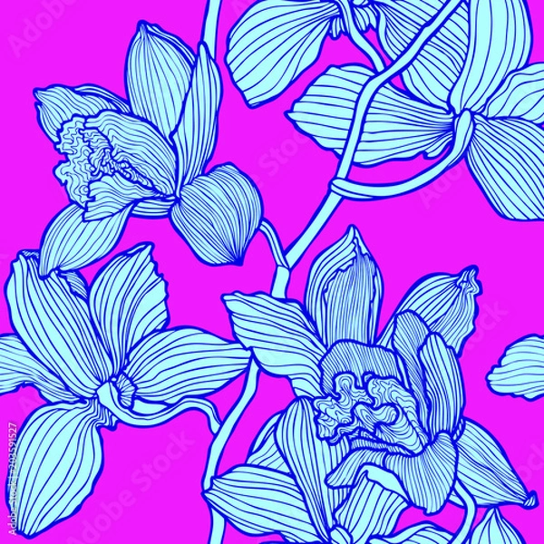 Fototapeta Seamless pattern with flowers orchids