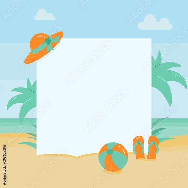 Fototapeta Summer beach vacation banners with holiday accessories on sand with palm trees near water and big paper for copy space.