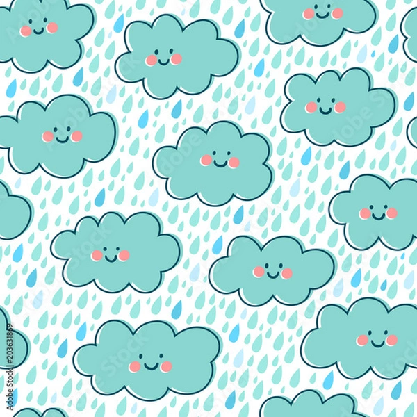 Obraz Vector seamless pattern with cute smiling clouds and rain drops. Endless hand drawing texture with cartoon characters. Childish background with rain.