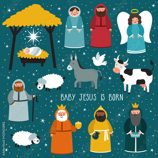 Obraz Nativity scene. Vector set of cute people, animals. Holiday background with text "Baby Jesus is born"