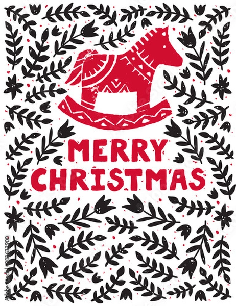 Obraz Vector holiday background with traditional ornaments and red horde. Christmas card with text "Merry Christmas" and floral design. Linocut printing.