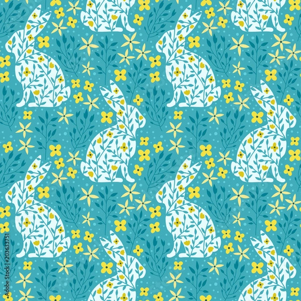 Obraz Vector seamless pattern with rabbit's silhouettes and flowers. Beautiful floral texture. Spring background with sitting bunny.