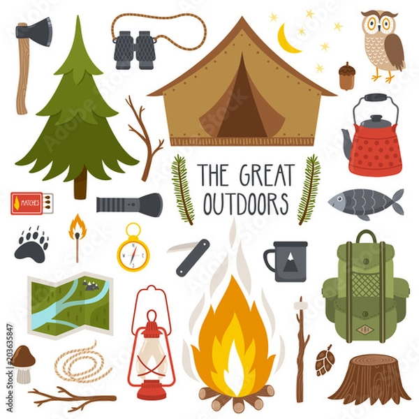 Obraz Vector set of camping elements. Summer background with camping equipment.