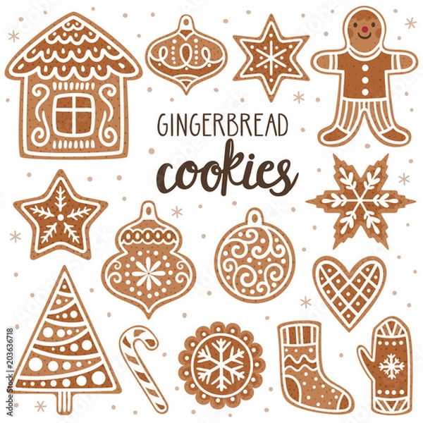 Obraz Vector set of gingerbread cookies: house, gingerbread man, stars, snowflakes, Christmas ornaments, sock, mitten, sugar cane and Christmas tree. Collection of homemade holiday cookies. New Year bakery.