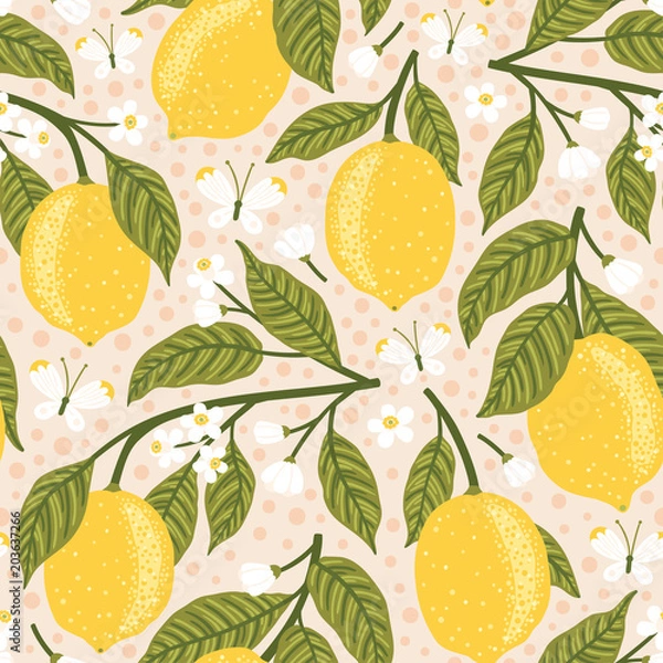 Fototapeta Vector seamless pattern with lemons, flowers and butterflies. Bright texture with fruits.