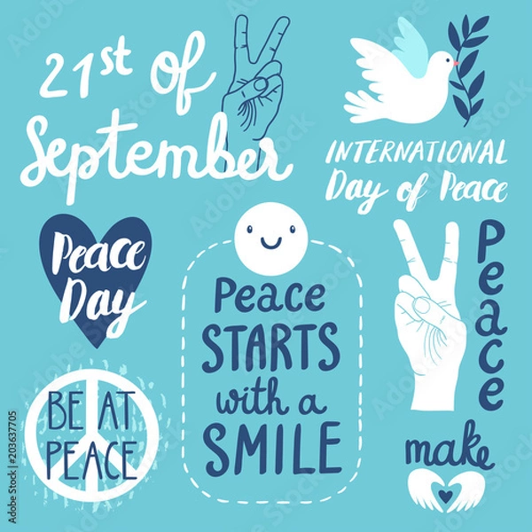 Obraz Vector set of labels for International Day of peace. Hand written phrases with peace symbol, heart, dove of peace and gesture.