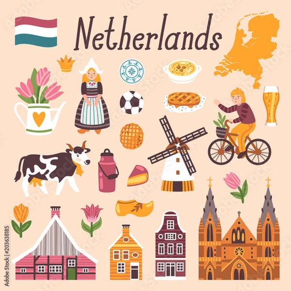 Obraz Vector icon set of Netherlands's symbols. Travel illustration with dutch landmarks, people,traditional holland food, building.
