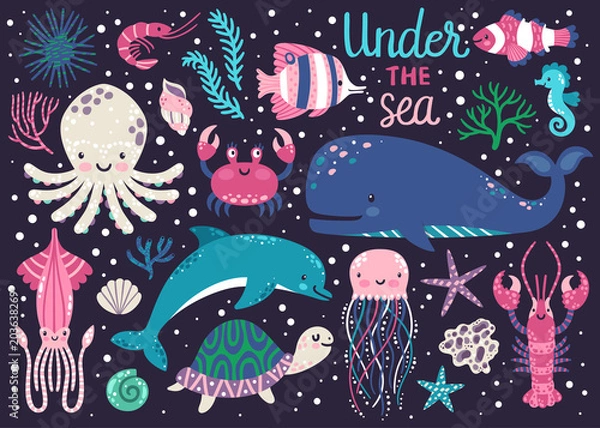 Obraz Vector set of underwater animals: octopus, whale, turtle, dolpin, jellyfish, crab, lobster, seahorse, squid, clownfish, butterflyfish, seaplants and corals. Childish background with cartoon characters