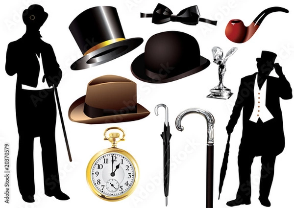 Fototapeta Vector Victorian gentleman set with objects and silhouette
