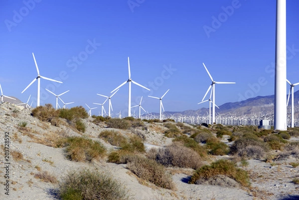 Fototapeta Wind turbines creating renewable energy on windfarm in desert with mountain background, a technology to move away from fossil fuels